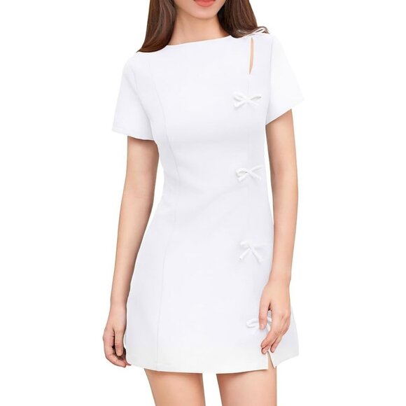 Women White Short Sleeve Mini Dress with White Bow Details Elegant Party Outfit - Picture 1 of 9